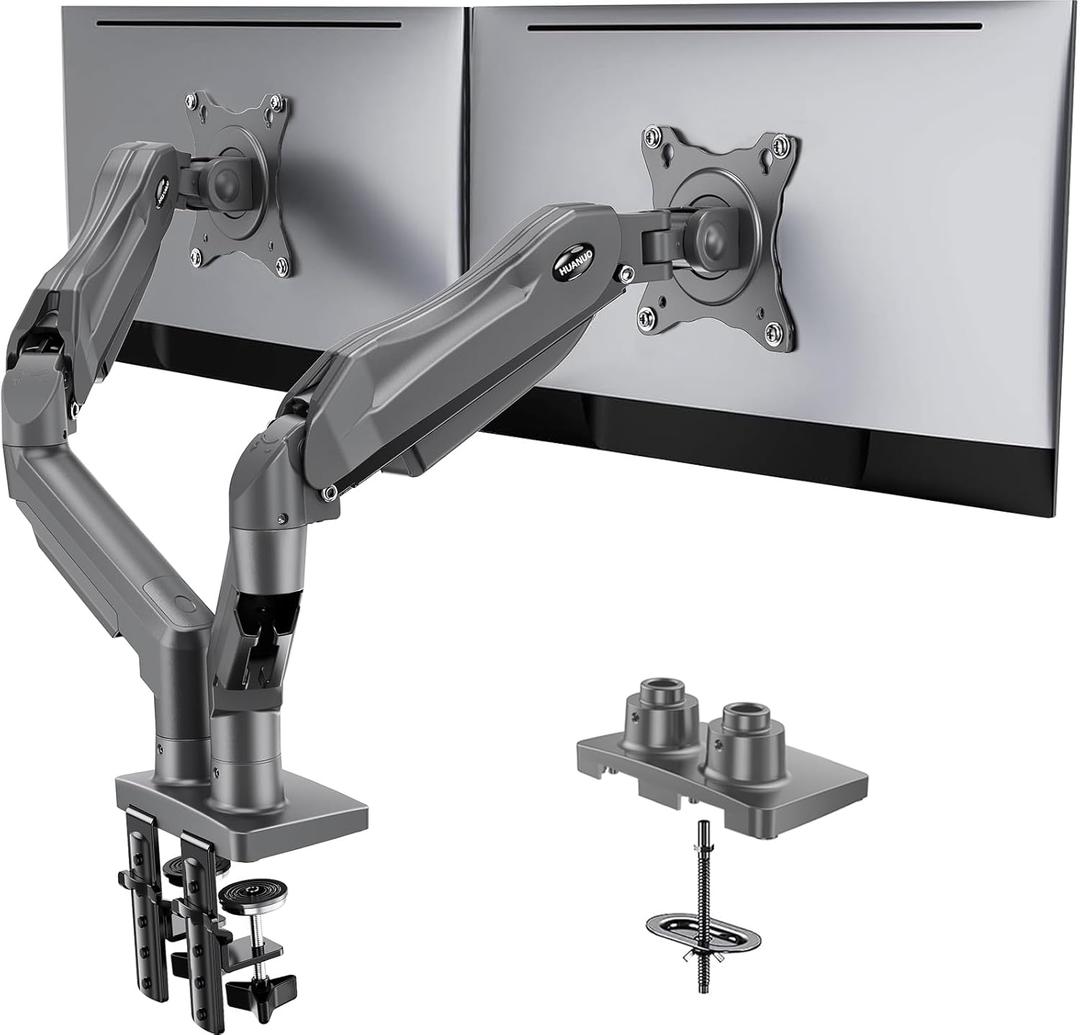 HUANUO Dual Monitor Stand, Fully Adjustable Monitor Desk Mount for 1332 Computer Screens, Full Motion VESA 75x75/100x100 with C-Clamp & Grommet Base, Each Arm Holds 4.4 to 19.8 lbs -Grey