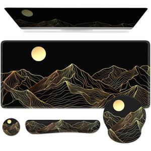 iCasso Large Mouse Pad, 4in1 XXL Mousepad + Keyboard Wrist Rest+Mouse Wrist Rest+Coaster Set with Ergonomic Design for Computer(Gold-Mountain)