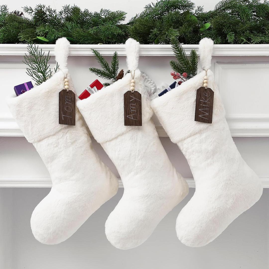 Shinymoon 3 Pcs Large 21 Inch Beige Plush Faux Fur Christmas Stocking with Wooden Name Tags, Personalized Luxury Thick Fuzzy Xmas Stocking for Fireplace Mantel Stair Railings Holiday Party Decor