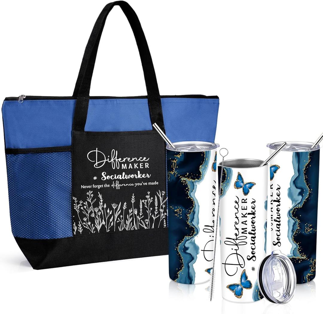 Sieral Social Worker Appreciation Gifts for Women  Difference Maker Large Tote Bag and 20oz Insulated Tumbler Set National Social Work Month Gifts for Mental Health Therapist LCSW(Dark Blue)