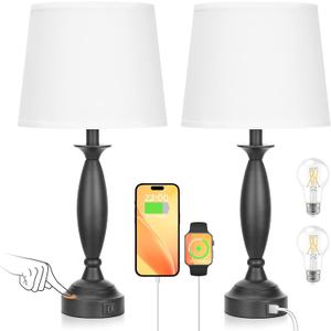 Seealle White Lamps for Bedrooms Set of 2 - Touch Control Bedside Lamp with USB C+A, 3 Way Dimmable Nightstand Lamps with USB Port, Table Lamp for Living Room(White Shade and Black Base)