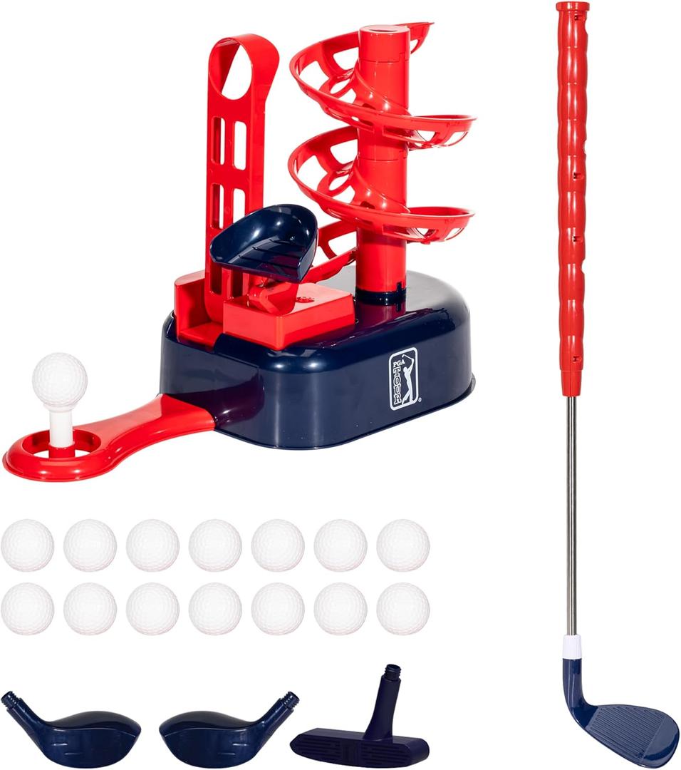 Franklin Sports PGA Tour Kids Golf Tee Trainer Toy - Plastic Youth Golf Set with Automatic Ball Feeder - Includes (1) Righty + Lefty Adjustable Club, (15) Balls, and (1) Tee - Ages 3+