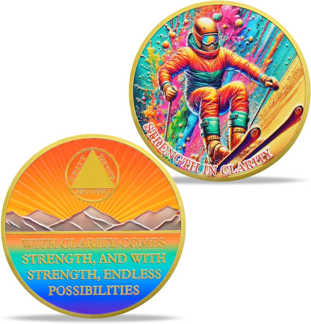 Affirmation Skiing Sobriety Coin Strength in Clarity AA Medallion Colorful Recovery Chip for Sober Milestones Unique Sobriety Gift for Men & Women in Recovery