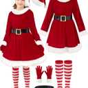 5 Pieces Girls Santa Dress, Santa Dress for Girls Kids Mrs Claus Costume with Belt Hat Christmas Cosplay (11-13Y)