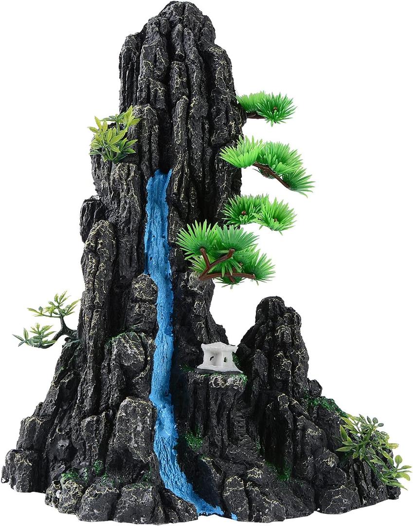 Large and Tall Fish Tank Decorations Aquarium L9.84x W5.9x H12.99inch, Resin Mountain View Aquarium Decor, Rock Thematic Ornaments with Tree & House for Betta Cichlid Goldfish Shrimp Playing Hiding