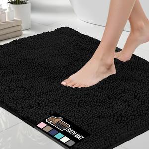 GORILLA GRIP Bath Rug Mat, Thick Soft Absorbent Chenille, Quick Dry Microfiber Mats, Rubber Backing Washable Shower Floor Rugs, US Designed Bathroom Bathmat Home Decor Accessories, 24x17, Black