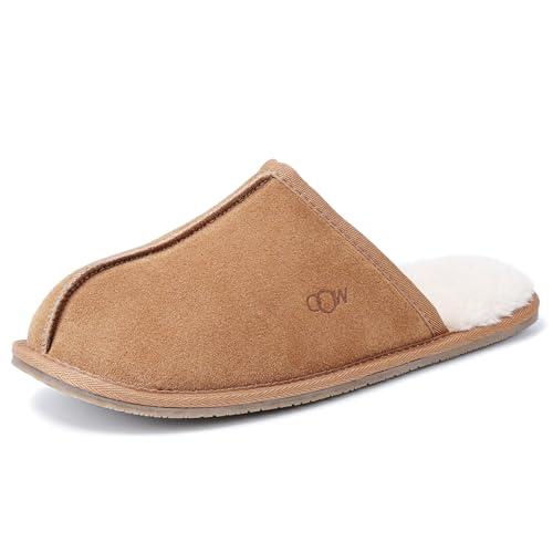 OOW Mens Slippers Genuine Suede House Slippers for Men Cozy Fuzzy Memory Foam Shoes Outdoor Non-Slip Fall Winter Footwear Wide Chestnut, Size 9