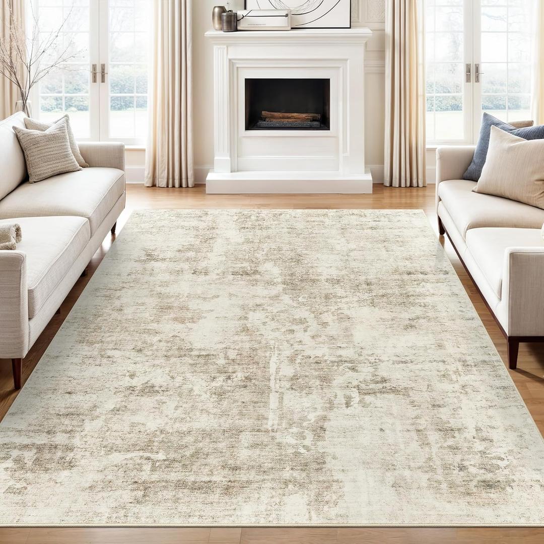 Abstract Rug 8x10 Large Living Room Rugs Neutral Modern Washable Area Rugs for Bedroom Dining Room Non-Slip Stain Resistant Foldable Thin Rug Beige Gray