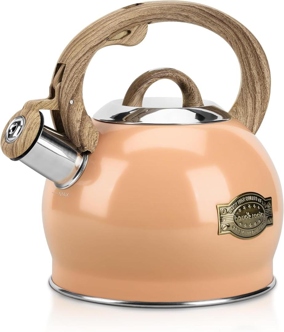 Tea Kettle Stovetop, 2.1 Quart Stove Top Whistling Tea Kettle, Teapot Kettles with Food Grade Stainless Steel and Wood Pattern Folding Handle, Suitable for All Heat Sources (Peachy)