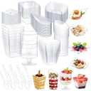 Kritkin 80 Pcs Mini Appetizer Plates Dessert Cups Spoons Forks Set Dessert Containers Assorted Shape Plastic Parfait Cups Disposable Spoon Forks for Party Serving (Clear)
