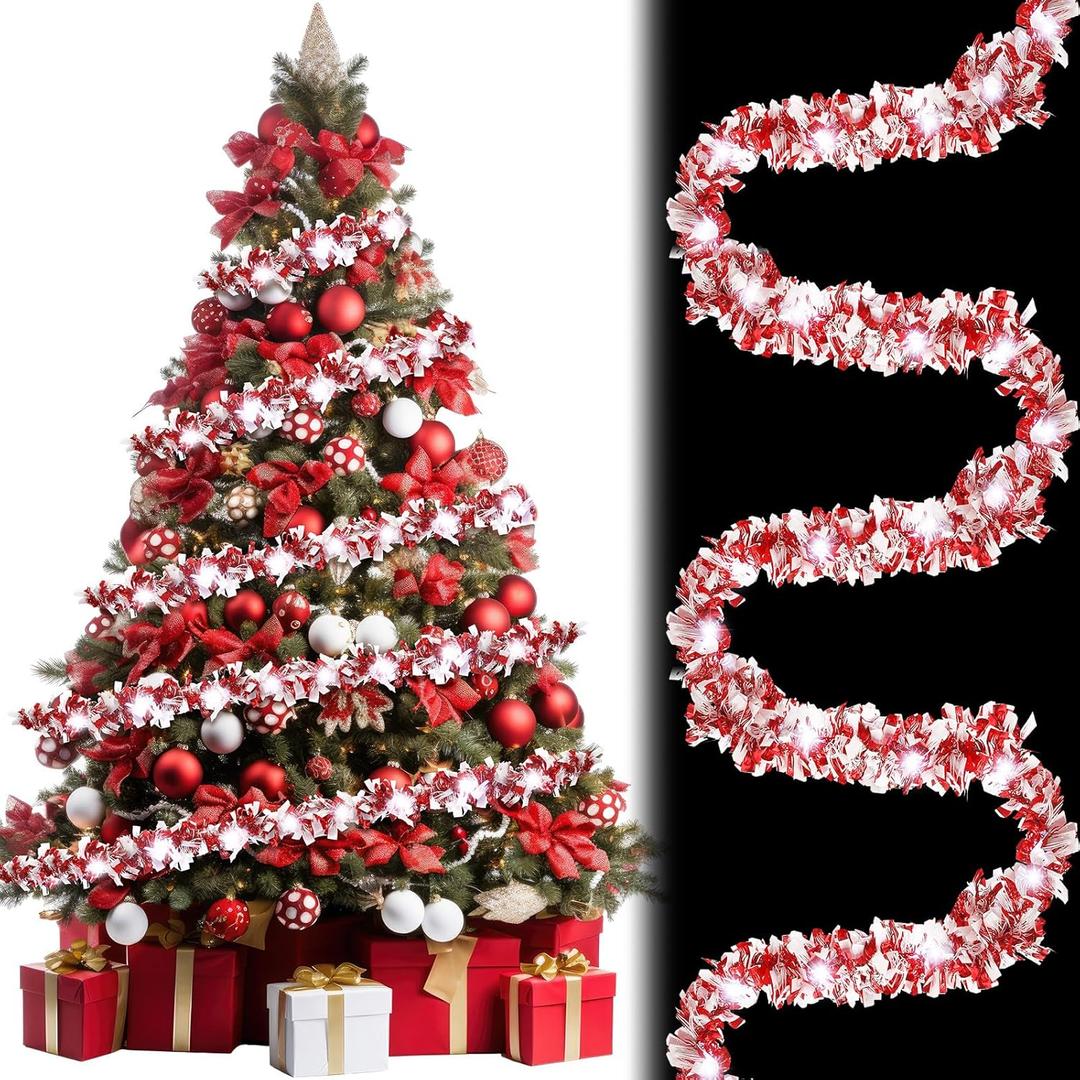 Kingdder 16.4 ft Christmas Tinsel Garland Lighted Metallic Twist Garland with 50 LED Lights Hanging Prelit Xmas Battery Operated Foil Tinsel for Christmas Tree Party Mantel