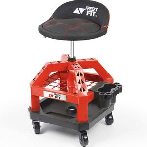 Rolling Shop Stool for Garage with Casters, DO02-Adjustable Height 360 Swivel Shop Seat with Tool Tray Storage, 330 LBS Capacity Padded Mechanic Stool, Red