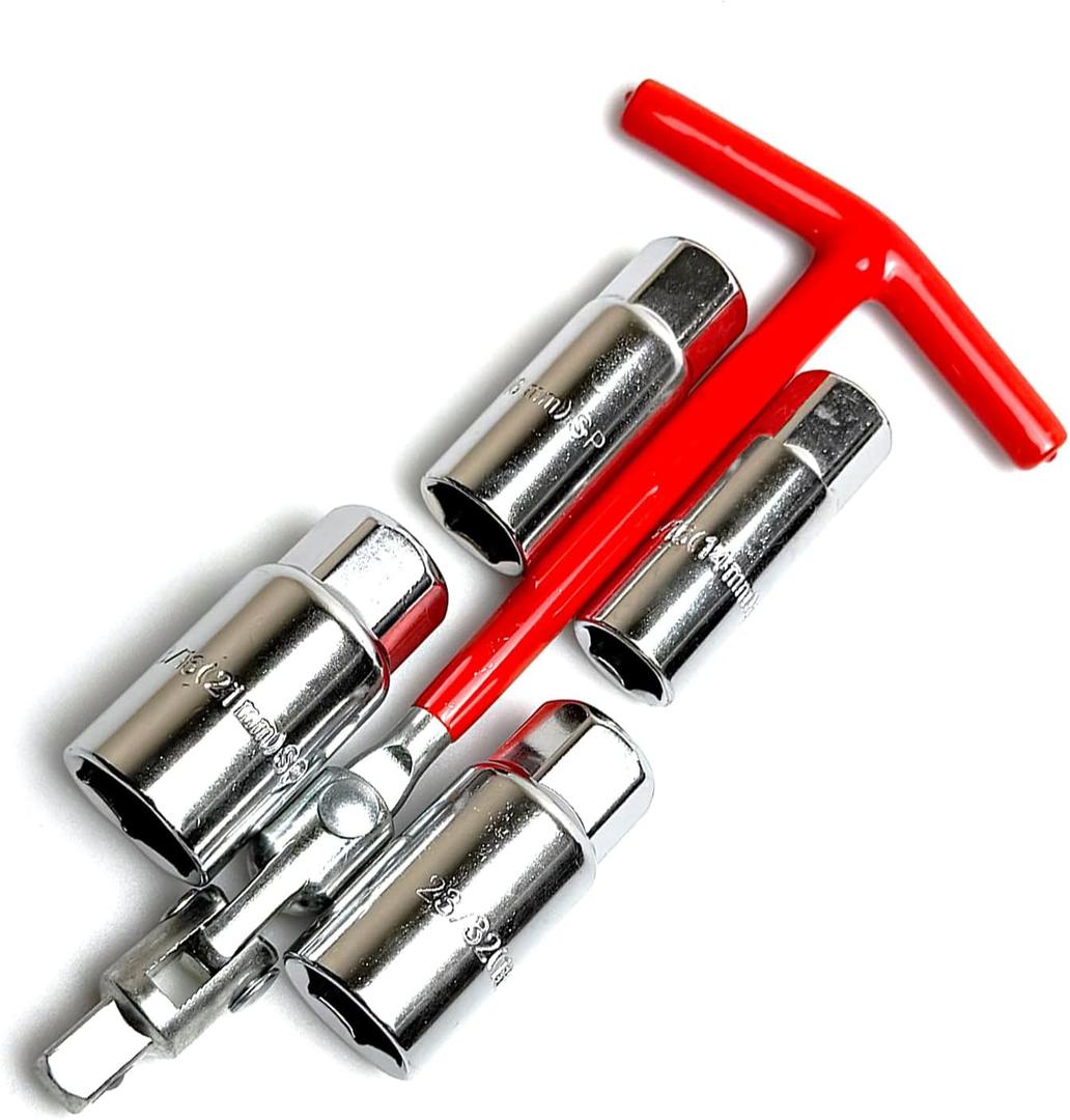 5 PCS Spark Plug Socket Wrench, T-Handle & 14mm/16mm/18mm/21mm Heavy Duty Spark Plug Remover Installer Set, Universal Maintenance Tool for Most Cars, Motorcycles, Lawn Mowers (Red)