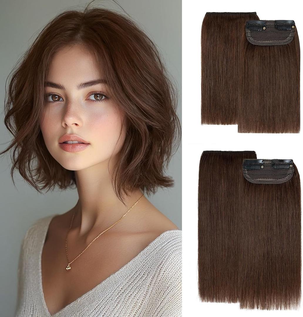Clip in Short Hair Extensions Real Human Hair,Prokyvity Invisible Human Hair Clip in Extensions Short,(6inch&8inch)4 pieces Mini Extensions for volume or highlight,Meduim Brown