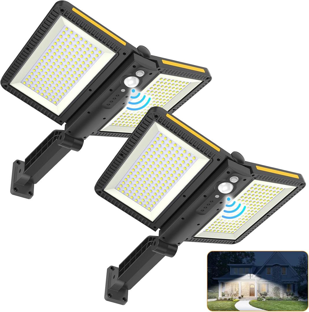 ropelux Solar Outdoor Lights, 6000LM Motion Sensor Outdoor Light Double Big Solar Panels, IP65 Waterproof and 5 Modes, 218LEDs High Brightness Wider Illuminated Area Flood Lights for Garden Street