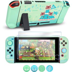 DLseego Protective Case Design for Switch Model, Newest Pattern Animal Crossing Design Cover Case with 2 Pcs Glass Screen Protectors and 4 Pcs Cute Thumb Grip Caps Green Accessories Set
