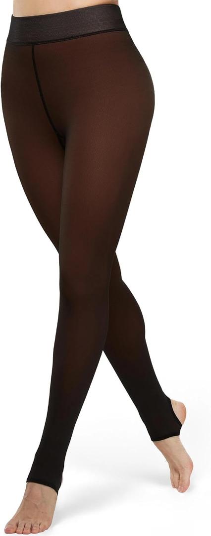 KBVOT Fleece Lined Tights Women Sheer Warm Pantyhose Leggings Fake Translucent Thermal Winter Thick Tights for Dresses (Medium, Stirrup Caramel)