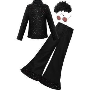 JerrisApparel 70s Kids Disco Costume Boys Retro Hip Hop Outfit Vintage Hippie Shirt Pants Sets L