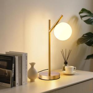 Mid Century Modern Globe Table Lamp, White Glass Shade Bedside Lamp - Eye-Caring Night Light for Bedroom, Living Room, Study Room