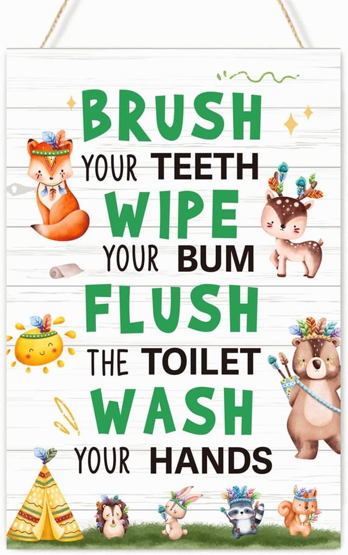 2 x Wash Brush Wipe Flush Sign Kids Bathroom Wood Plaques Wall Decor, Cute Woodland Animal Theme Front Door Wooden Hanging Sign for Boys Bathroom Toilet Washroom Wall Decor 12'' L x 8'' W