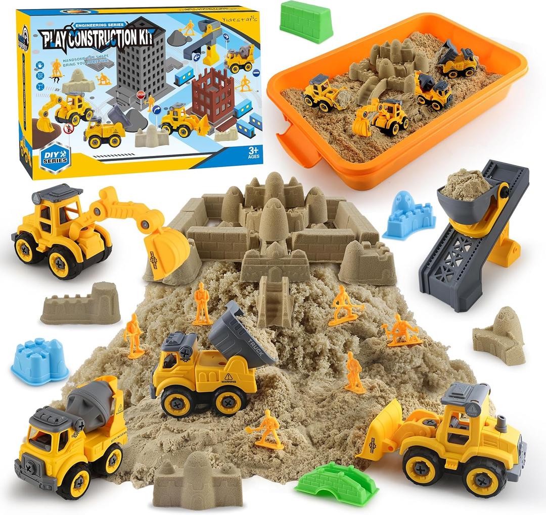 YIDESTARS Construction Sandbox with Lid  4 Vehicles with 1 Conveyor, 8 Castle Molds, 6 Figures & 3lbs Moldable Sand  Preschool Sensory Bin for Fine Motor Skills, Ages 36