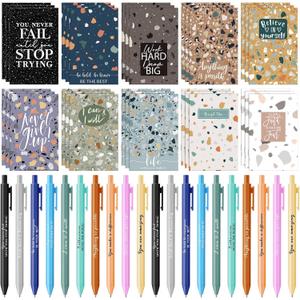 PerKoop 60 Pcs Motivational Pens Inspirational Notepads Set Mini Inspirational Notebooks Inspirational Pens Small Pocket Journals Set for End of Year Student Teachers School Office Prizes Supplies