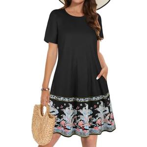 Summer Dresses for Women Casual Tshirt Short Sleeve Floral Sundress Beach Cover Ups with Pockets (Large)