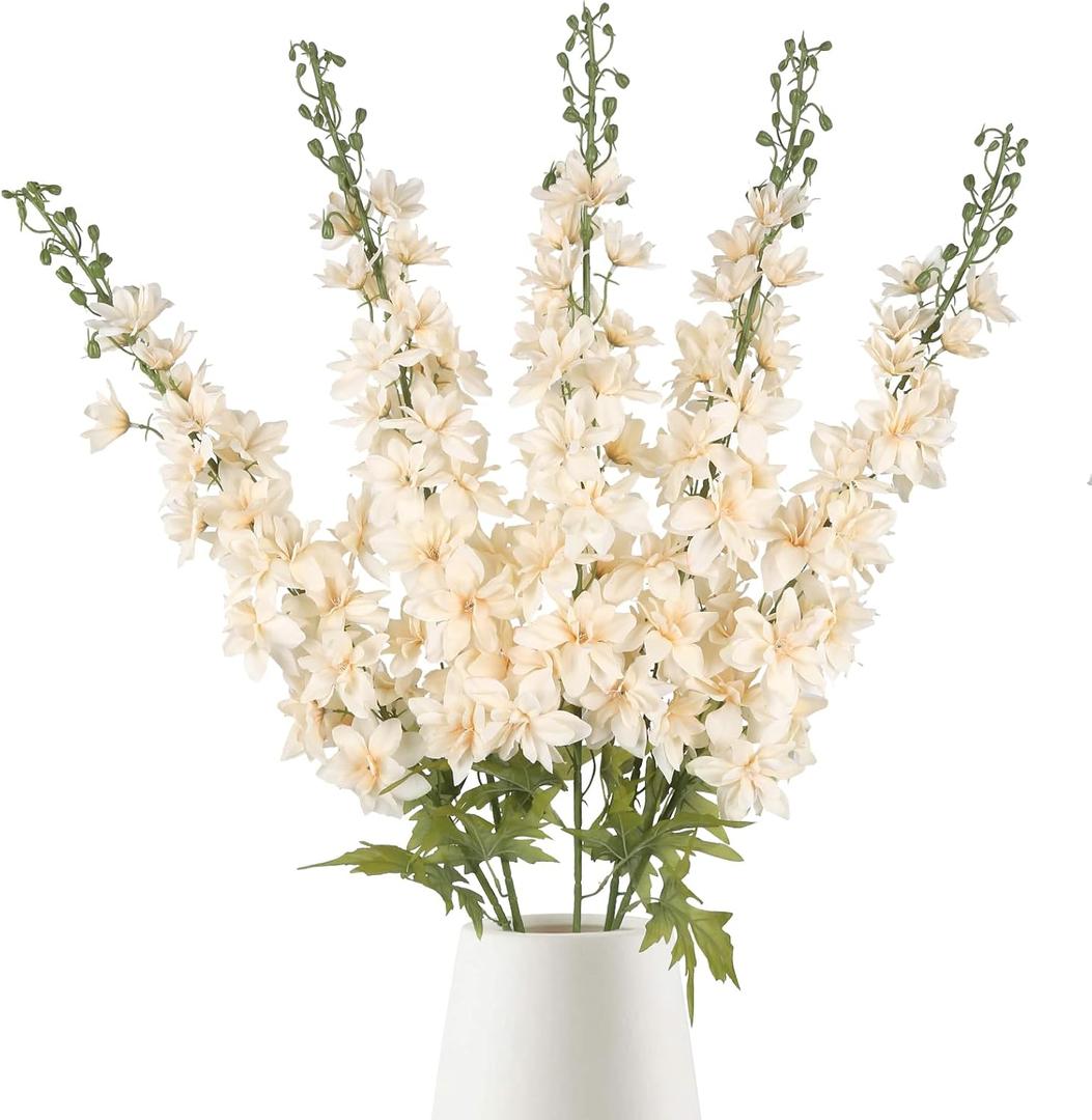 Delphinium Artificial Flowers Champagne 5PCS 41.7'' Long Stem Larkspur Fake Flowers for Tall Vase Realistic Silk Flowers Faux Flowers Bulk for Wedding Home Decor Arrangements (Champagne)