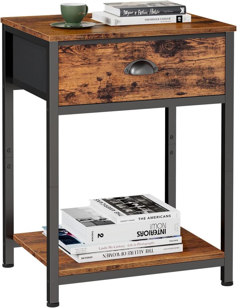 Furologee End Table with Storage Shelf and Fabric Drawer, 2 Tiers Industrial Nightstand, Bedside Table Organizer for Living Room Bedroom, Rustic Brown, Easy Assembly (1)