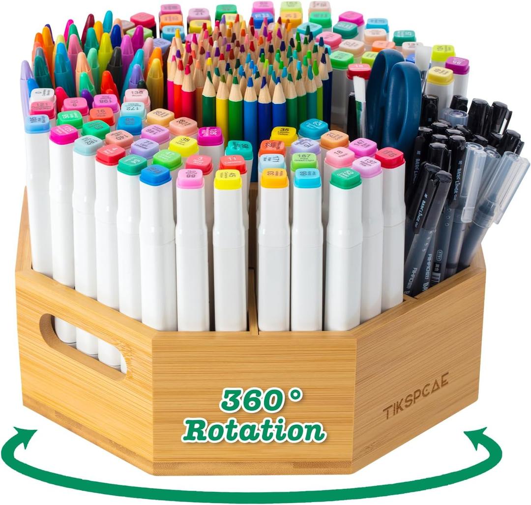 360 Rotating Art Supply Organizer, Holds 750+ Pencils, Bamboo Marker & Pen Holder with Handles, Desk Storage Caddy for Paint Brushes, Crayons, Ideal for Office, Home, Classroom