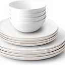 Fable Dinnerware Set - Includes 4 Each of The Dinner + Salad Plates, and The Breakfast Bowls - Dishwasher Safe, Durable Stoneware Ceramic Plates and Bowls - Speckled White