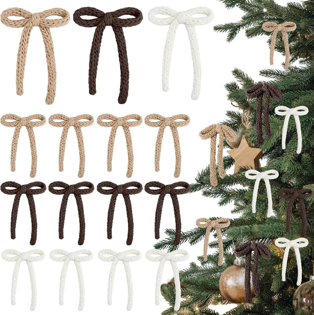 24 Pcs Knitted Bows Christmas Tree Ornaments 7 Inch Boho Farmhouse Crochet Bows Neutral Rustic Hanging Ornaments for Xmas Tree Wreath Garland Decorations(White, Khaki, Dark Brown,Chunky)