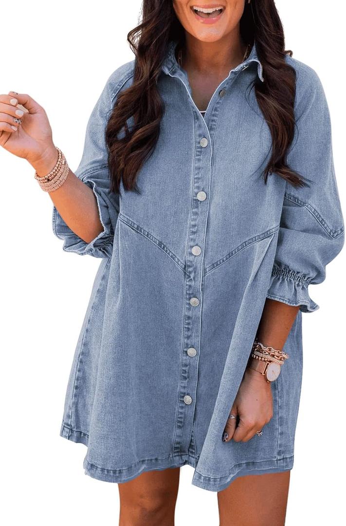 Sidefeel Womens Smocked 3 4 Sleeve Button Down Denim Jeans Dresses, Large 