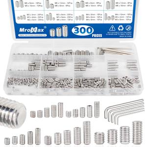 300Pcs Metric Set Screws Assortment Kit, 24 Sizes - M3 M4 M5 M6 M8 Set Screw, 3mm-16mm Lengths, Stainless Steel Internal Hex Drive Grub-Point Screw for Door Knob, Faucets and Light Fixture