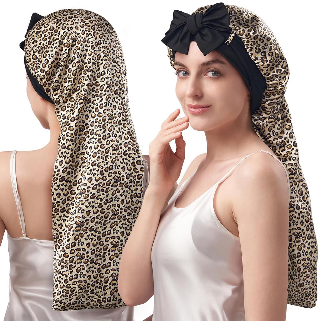 YFONG Double-Layered 100% Pure Mulberry Silk Bonnet for Long Hair, 22 Momme Hair Bonnet for Sleeping with Elastic Tie Band, Real Silk Sleep Cap for Women Long Curly, Leopard