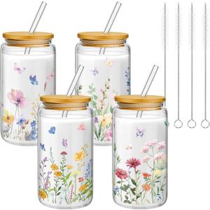 Mumufy 4 Pack Gift for Women Wild Flower Glass Cup Tumbler Butterfly Iced Coffee Mugs 16 oz Glass with Bamboo Lid & Straw, Christmas Mothers Day Birthday Gift for Mom Sister Bridesmaid Baby Shower