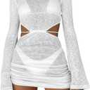 Kaximil Women's Swimsuit Coverup Long Sleeve Sexy Beach Bathing Suit Cover Ups Mini Dress Swimwear, Small, White