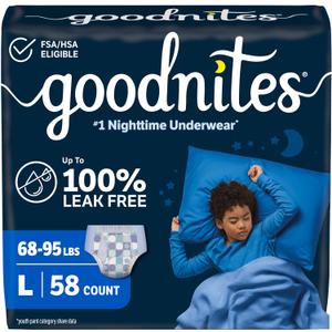Goodnites Boys' Nighttime Bedwetting Underwear, Size Large (68-95 lbs), 58 Ct (2 Packs of 29)