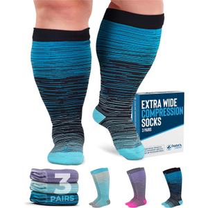 Doctor's Select 3 Pairs Plus Size Compression Socks Wide Calf - Up to 6XL | 20-30 mmHg Compression Socks for Women Wide Calf | Wide Compression Socks for Women Circulation | Blue, Light Blue, Purple & Pink (Stripes) (4X-Large, 3 Pairs - Line Patterns)