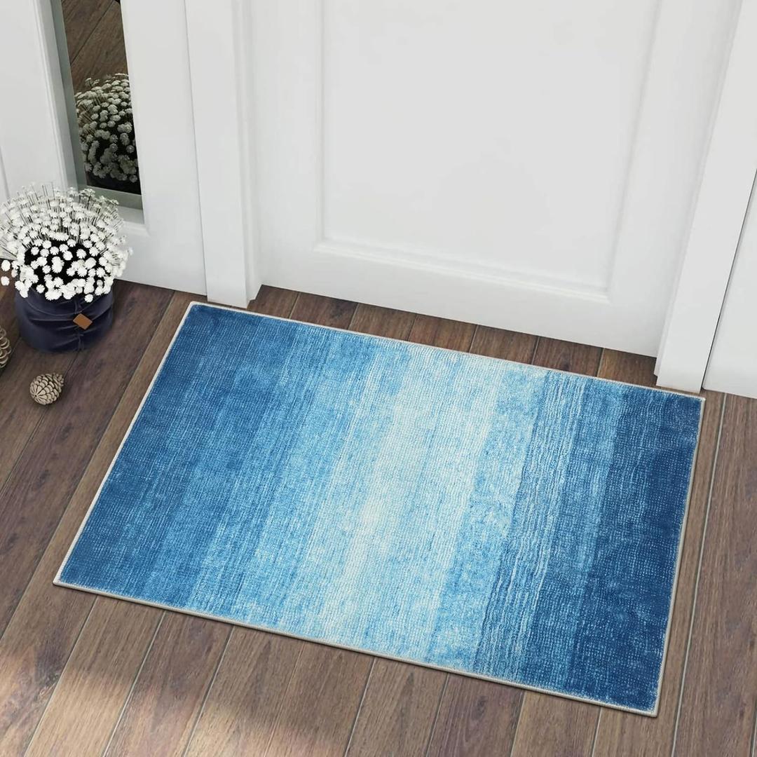 Wonnitar Modern Ombre Small 2x3 Rug for Entryway, Blue Washable Bathroom Soft Throw Mats, Non-Slip Abstract Gradient Area Rug 2x3 Front Door Mat for Indoor Entryway Bedroom Kitchen (Blue, 2'x3')