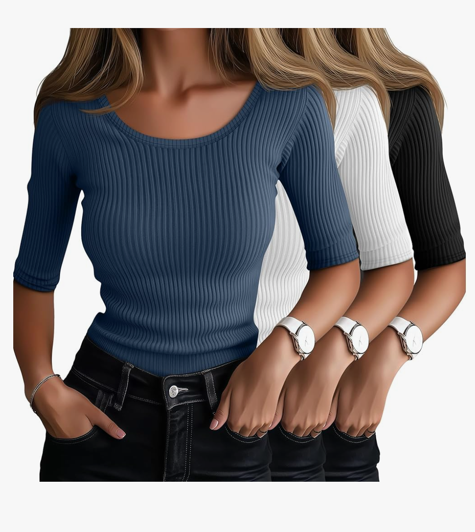 Ficerd 3 Pack Elbow Length Shirts for Women Half 1/2 Sleeve Tops Scoop Neck Ribbed Slim Fit Basic Tee 2025 Summer Trendy,XL