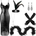 Tisancy 7 Pcs 1920s Women's Flapper Dress Sequin Dress Costume Headwear Earring Necklace Glove Stick Set and Long Feather Boa (Black, XS)