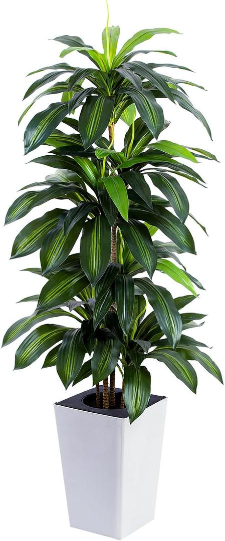 Artificial Dracaena Tree with White Tall Planter, 5ft Tall Potted Artificial Dracaena Silk Plant, Fake Yucca Tree Plant, Home Office Floor Room Decor Plants Indoor Outdoor, Housewarming Gift
