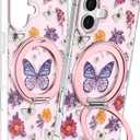 Loheckle for iPhone 17 Case with Stand- Compatible with MagSafe Women Girls Cute Girly AestheticDesign Soft TPU Magnetic Ring Phone Cover for Apple 17, Butterfly Flower