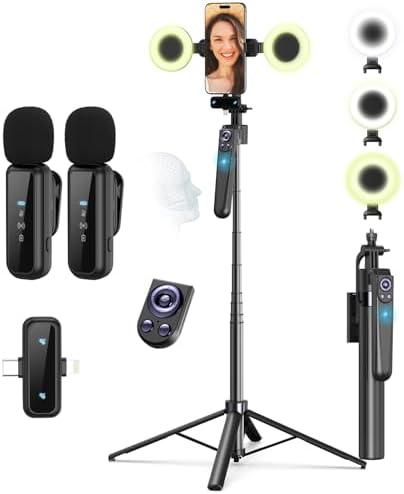 Vlogging Kit for iPhone/Android, 63” Auto Face Tracking Tripod for iPhone with Light, Wireless Microphones, Remote Control for TikTok, YouTube Starter Kit for Content Creator