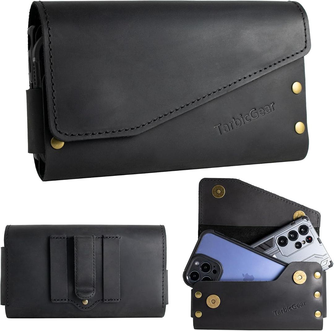 Leather Double Phone Case for Two Phones, Double Phone Holster for Men Belt, Belt Clip Dual Phone Pouch for iPhone 16 Pro Max, Samsung Galaxy S23 Ultra, for Work, Construction, Large Black