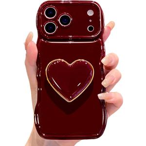 for iPhone 17 Pro Cute Case, Simple Wave Frame Curly Shape Shockproof Protective Cover with Stand, Wine Red Luxury Bumper Love Heart Holder Kickstand Soft Silicone Phone Case for Women Girls