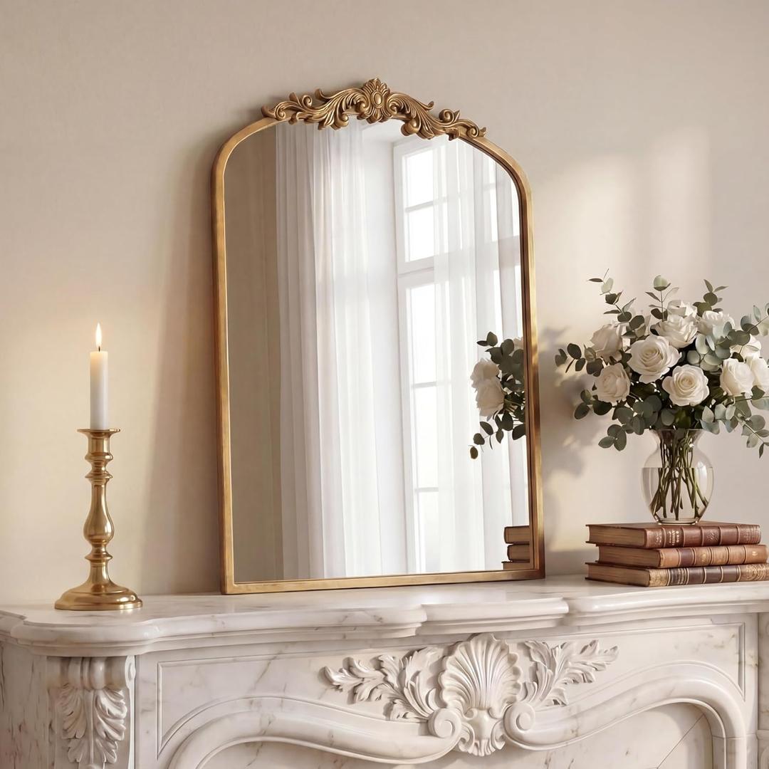 Vintage Mirror, 30" X 19" Gold Arched Antique Baroque Mirror