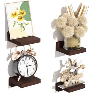 SRIWATANA Small Floating Shelves Wall Mounted, 4 Inch Wood Shelf for Decoration and Storage Set of 4, Mini Display Shelf for Bedroom, Bathroom, Kitchen, Office (Walnut)