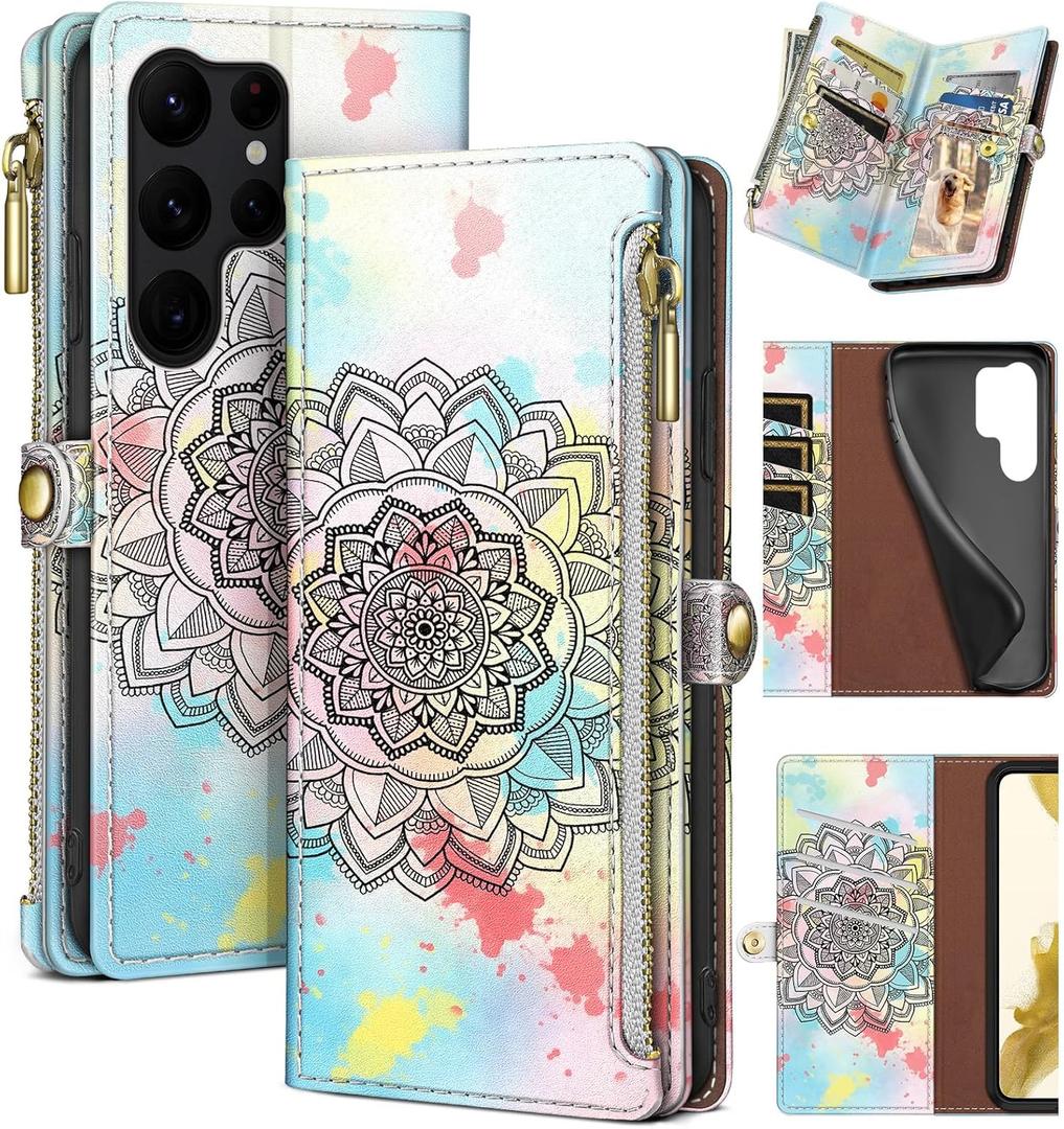 XcaseBar for Samsung Galaxy S23 Ultra Wallet case with Zipper Credit Card HolderRFID Blocking,Flip Folio Book PU Leather Phone Cases Shockproof Cover Men Women for Samsung S23Ultra case Mandala (Printing, Baby Blue-Printing)